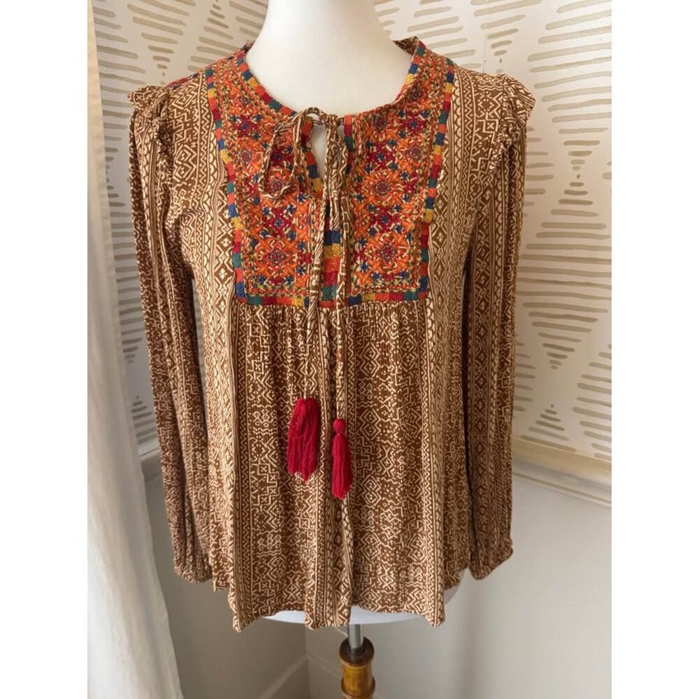 Savanna Jane Women’s Small Aztec Embroidered Long Sleeve Tunic Top Blouse - Picture 2 of 9